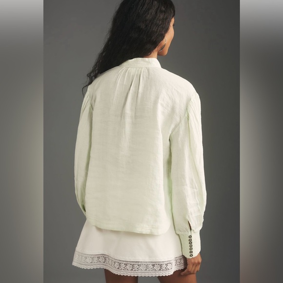 By Anthropologie Linen Long-Sleeve Blouse Mint NWT Size Large Petite - Picture 5 of 9